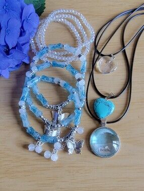 Handcrafted Set Of 9 Blue Beaded Butterfly Bracelet , Bling & 3 Necklaces